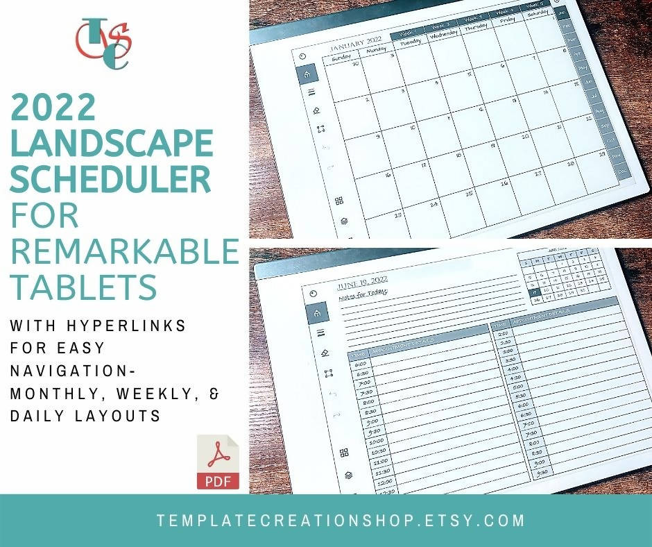 2022 Planner Daily Scheduler Landscape Booklet | reMarkable 1 and 2 compatible templates - PDF with Hyperlinks for easy navigation
