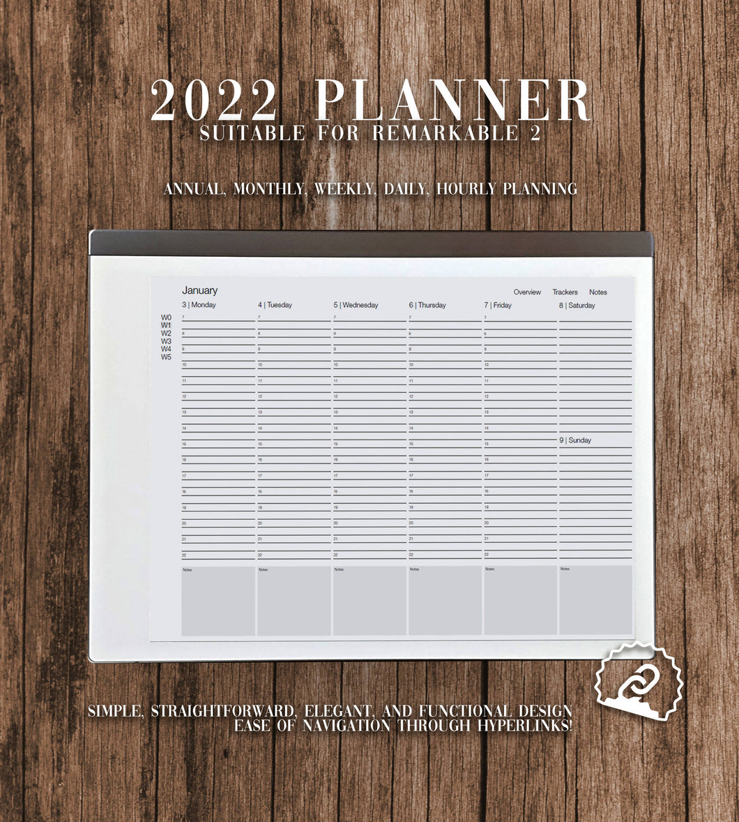 2022 Planner for reMarkable 2 | Hyperlinked PDF file | Annual, monthly, weekly (daily and hourly breakdown) view in landscape format