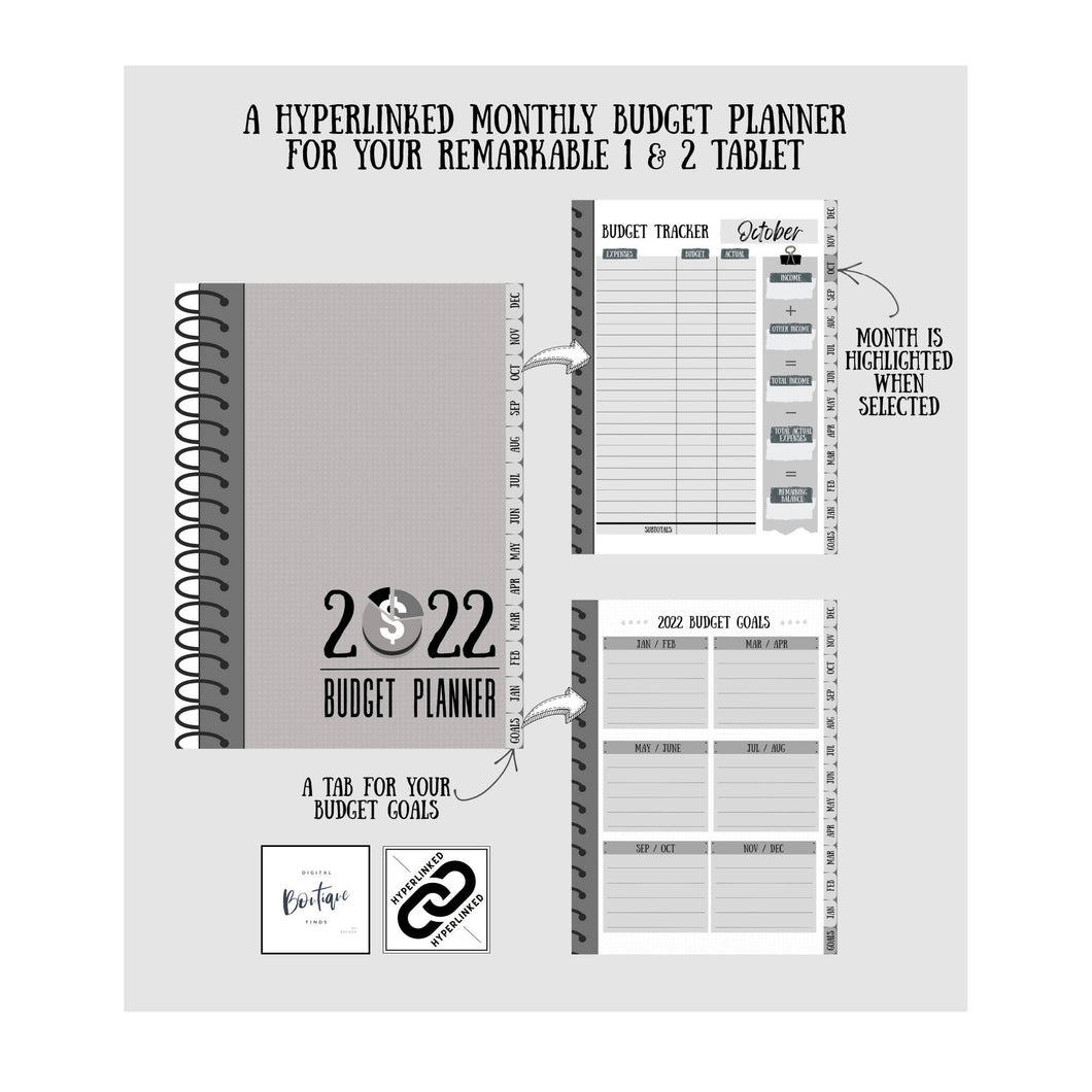 reMarkable 1 & 2 | 2022 Monthly Budget Planner w/ a budget goals page for your reMarkable tablet (1872x1404 resolution)-hyperlinked